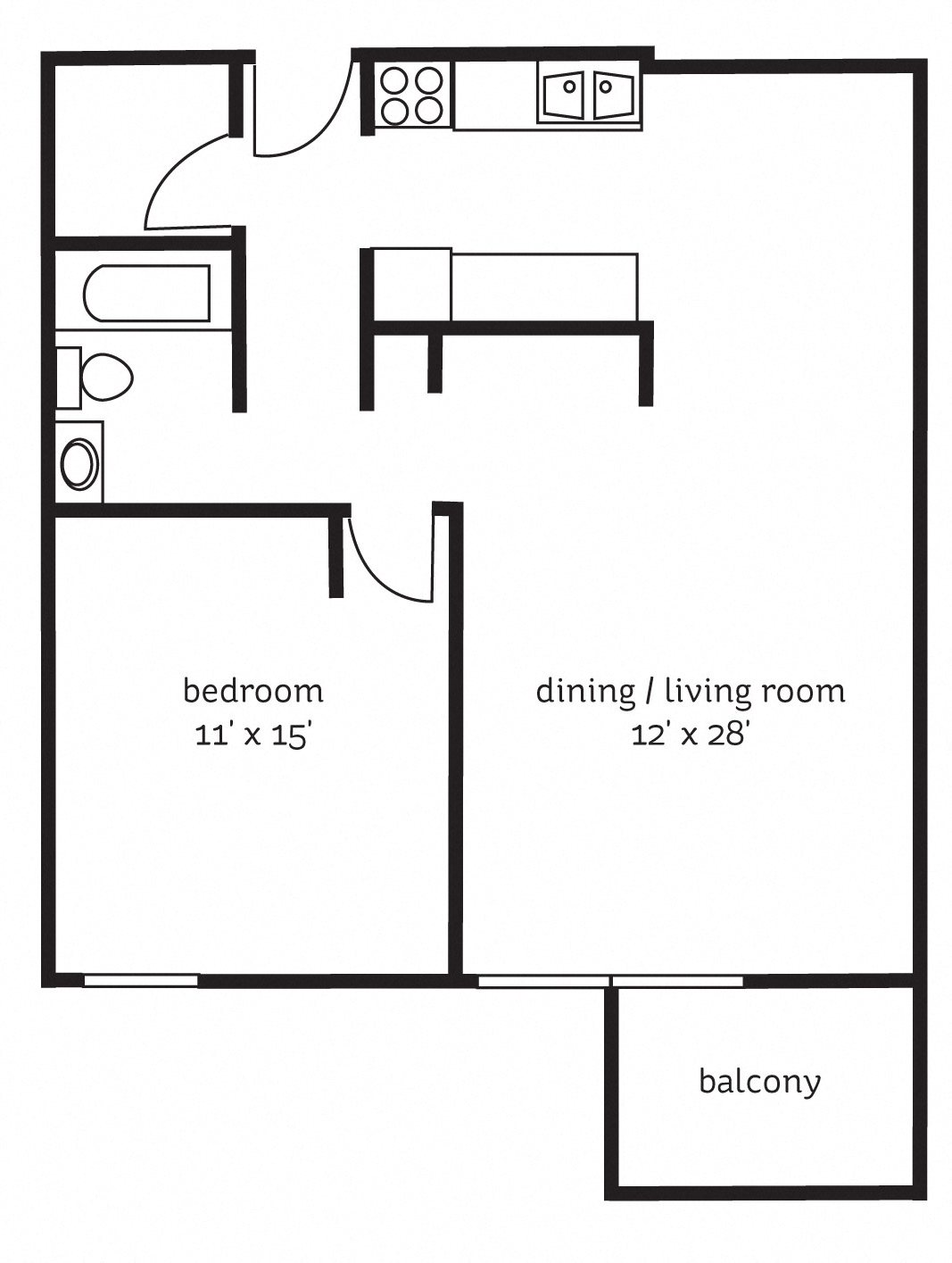 Floor plan for 1 bed, 1 bath, 760 sqft